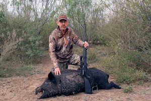 A recent Texas hunt used .308 Winchester rifles with ammo featuring 150-grain Hornady SST’s. The bullets ALL exited, on over 20 animals, including this big feral bore, shot through the neck and shoulder.